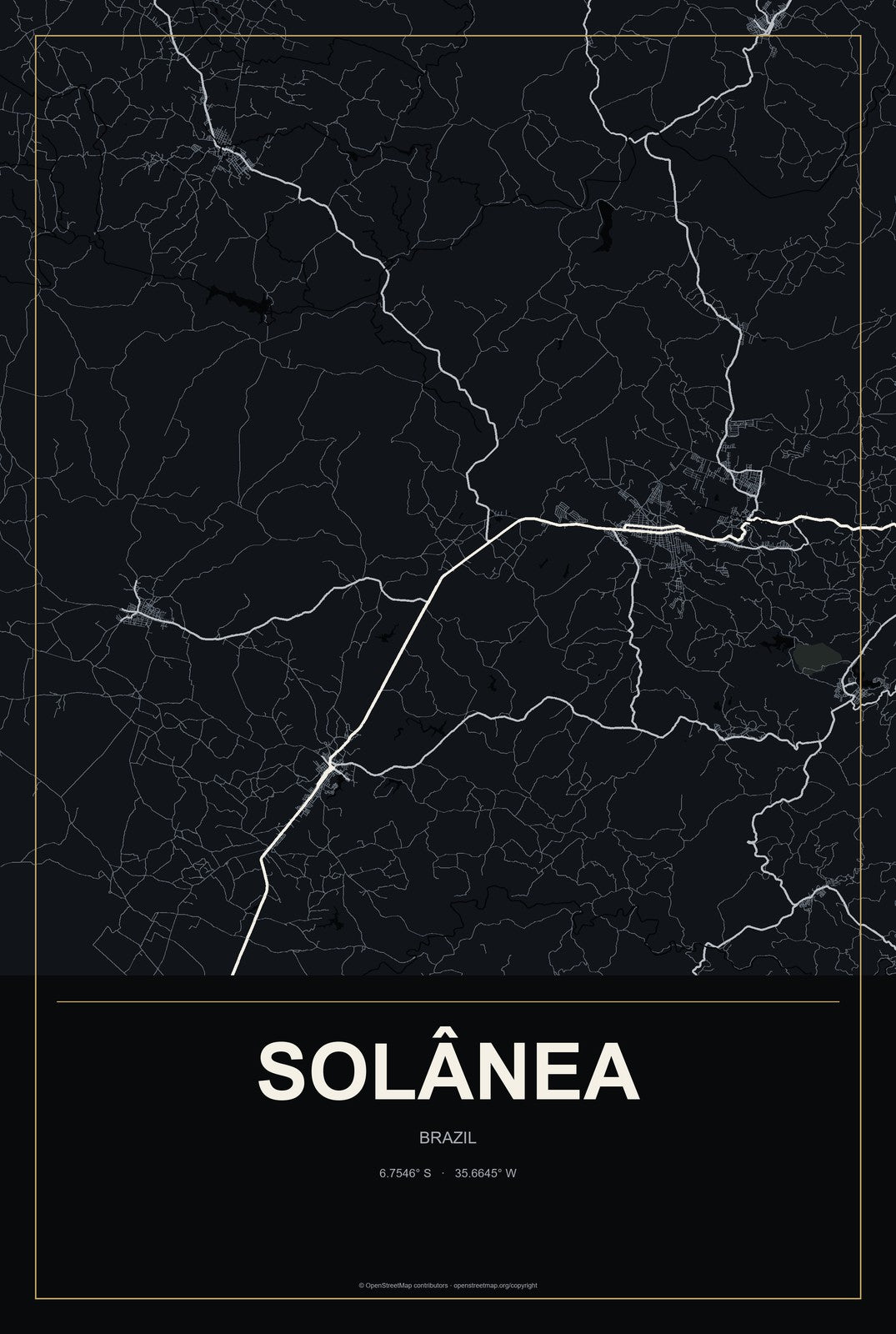 Solânea, Brazil City Map Aluminum Sign in Metropolitan Noir style
