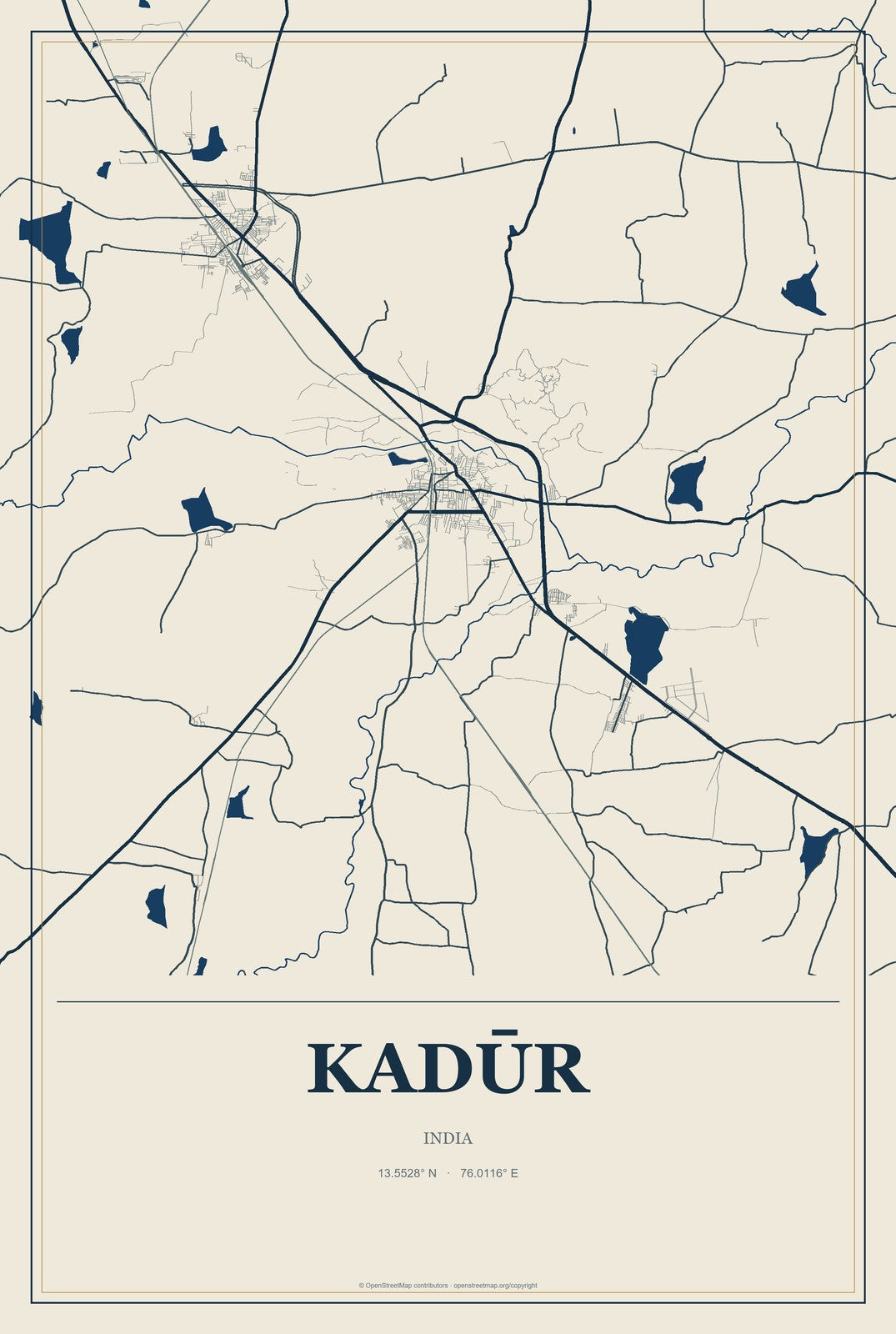 Kadūr, India City Map Aluminum Sign in Coastal Cutout style