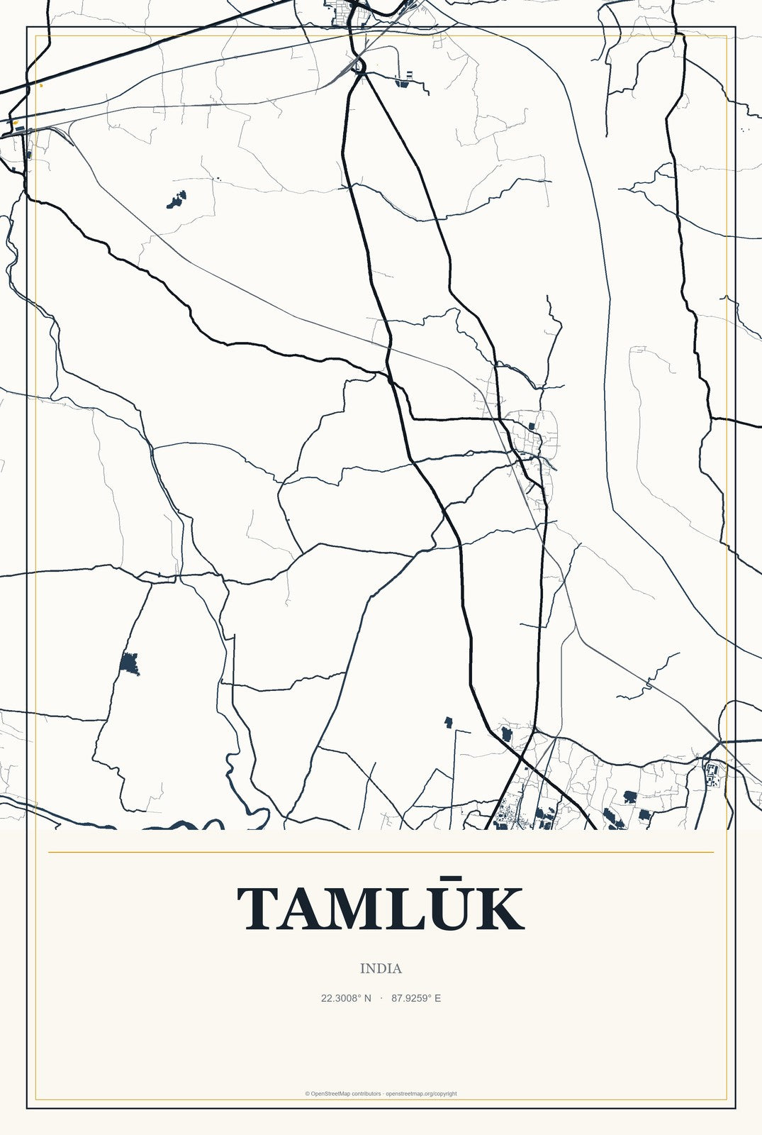 Tamlūk, India City Map Aluminum Sign in Citrine Modern style