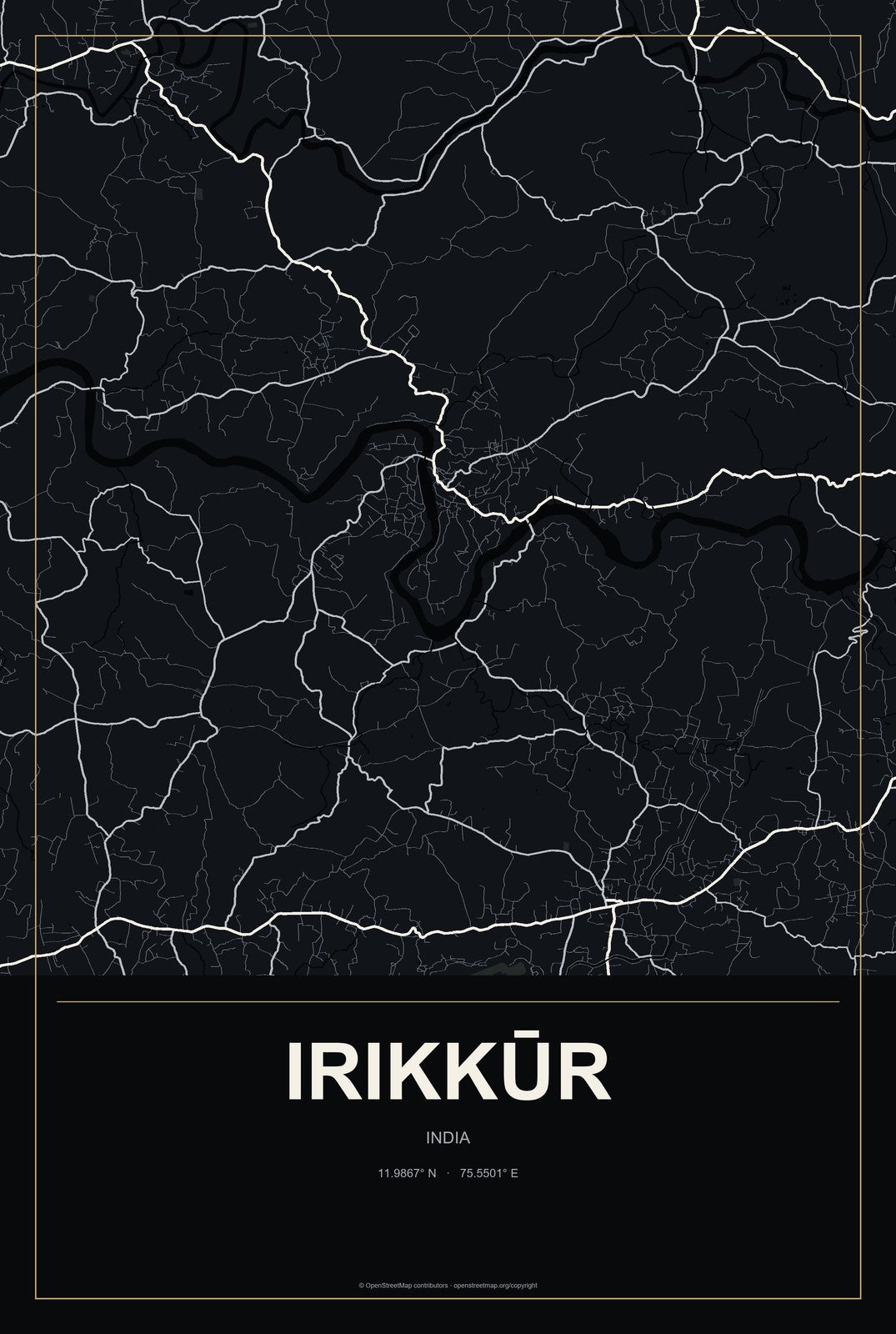 Irikkūr, India City Map Aluminum Sign in Metropolitan Noir style