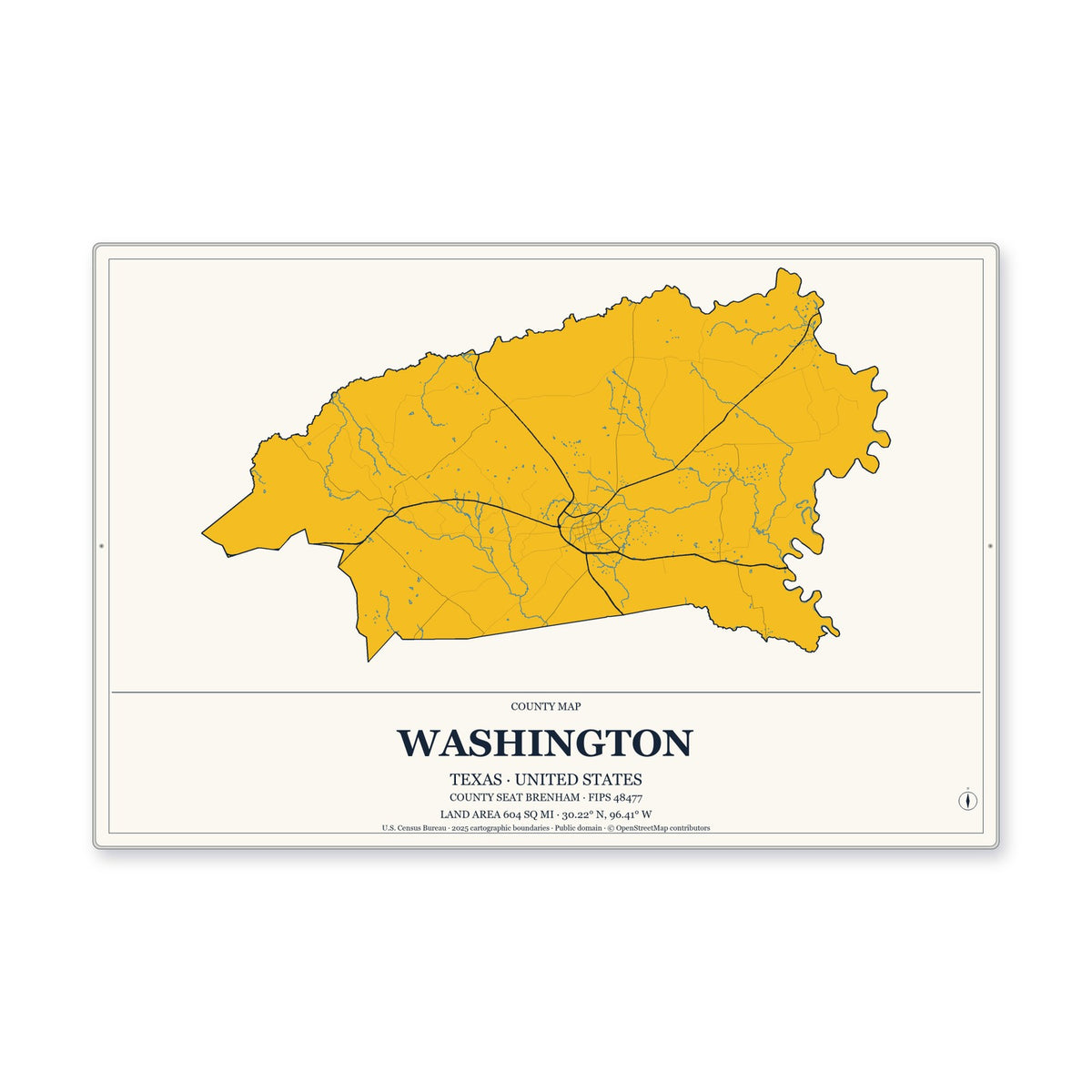 Washington County, Texas Map Aluminum Sign in Citrine Modern style
