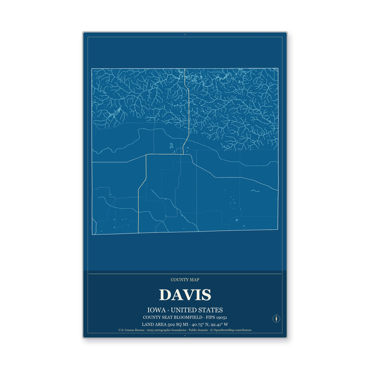 Davis County, Iowa Map Aluminum Sign in Harbor Cobalt style