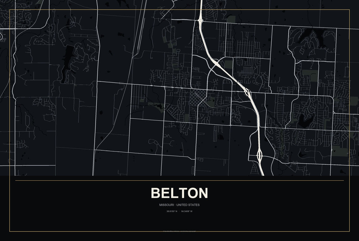 Belton, Missouri City Map Aluminum Sign in Metropolitan Noir style