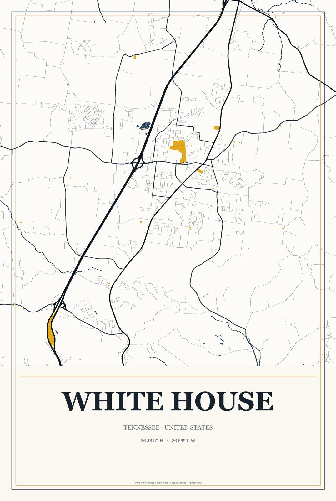 White House, Tennessee City Map Aluminum Sign in Citrine Modern style