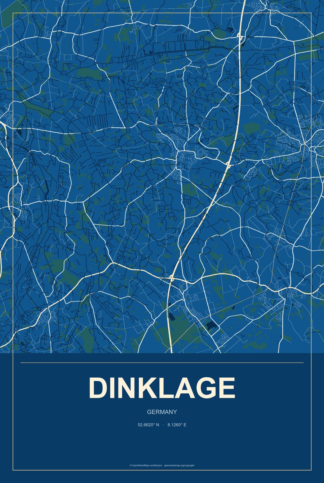 Dinklage, Germany City Map Aluminum Sign in Harbor Cobalt style