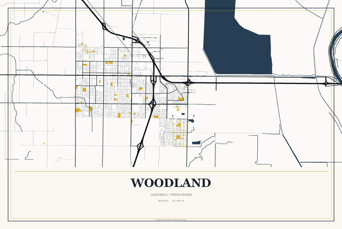 Woodland, California City Map Aluminum Sign in Citrine Modern style