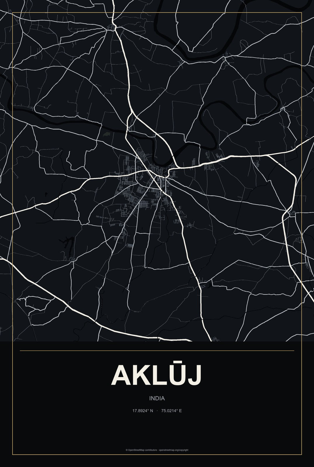 Aklūj, India City Map Aluminum Sign in Metropolitan Noir style