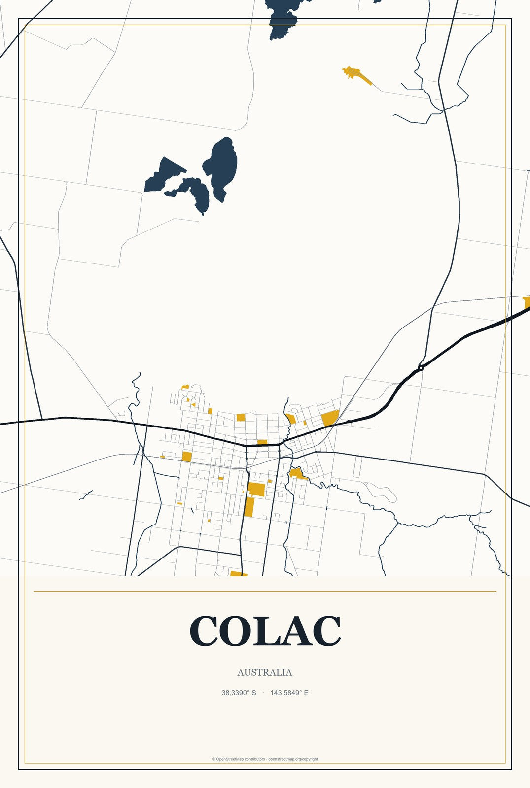 Colac, Australia City Map Aluminum Sign in Citrine Modern style