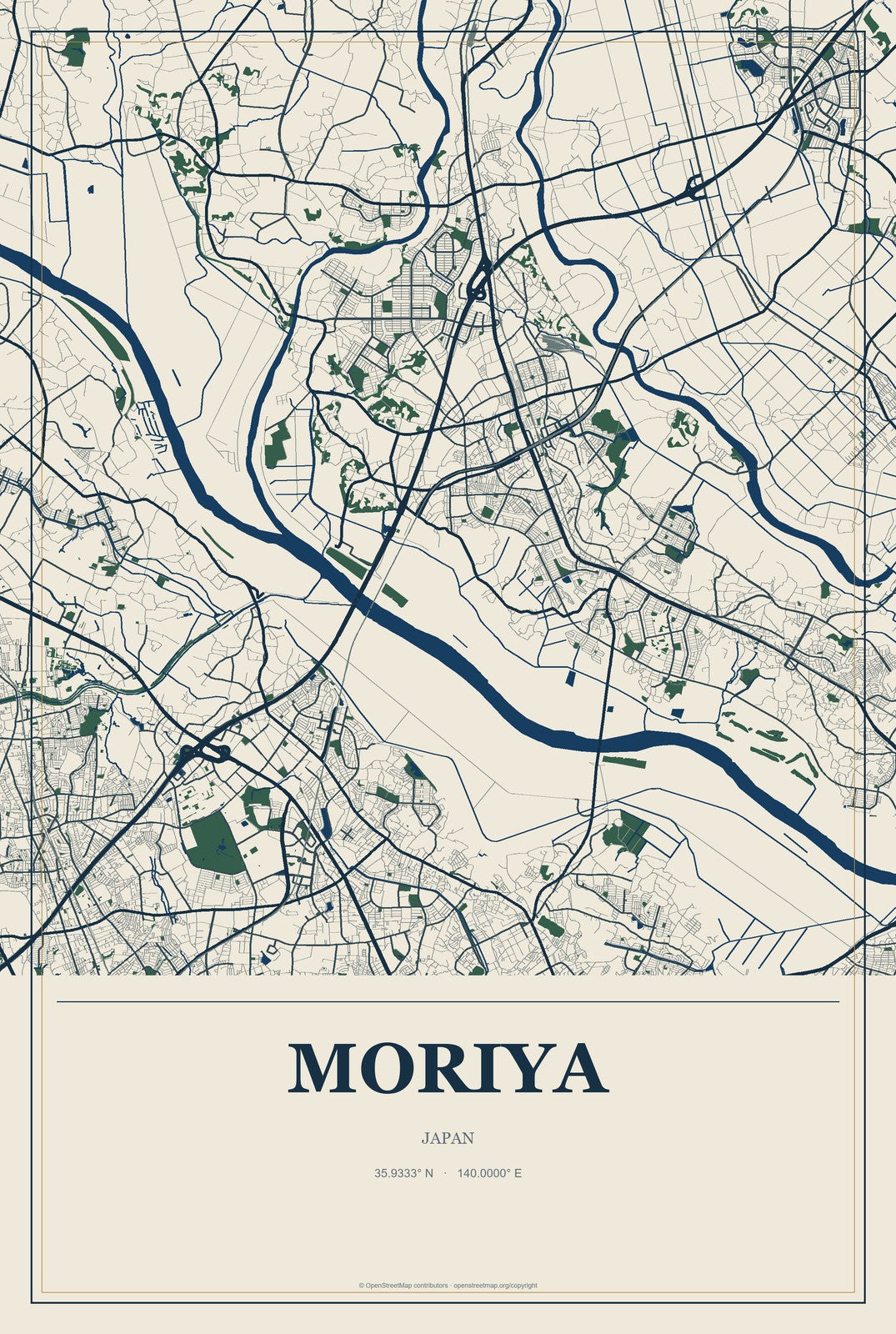 Moriya, Japan City Map Aluminum Sign in Coastal Cutout style