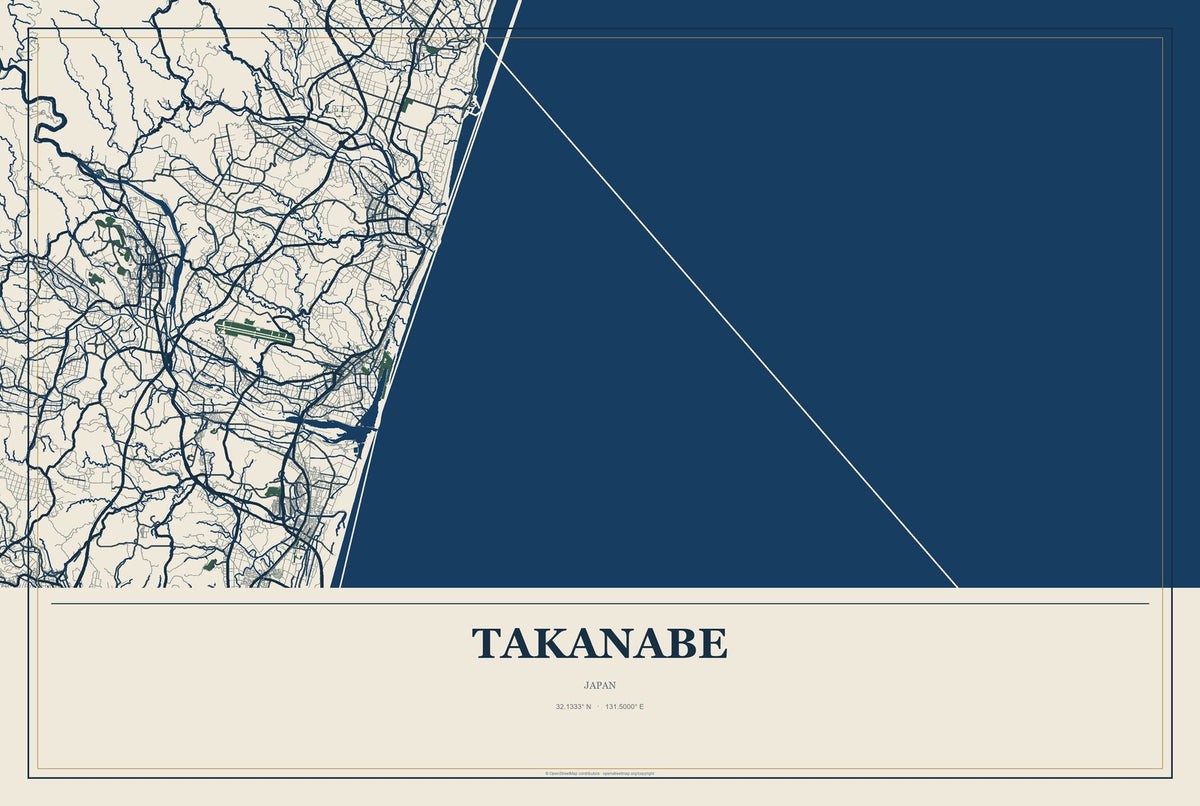 Takanabe, Japan City Map Aluminum Sign in Coastal Cutout style