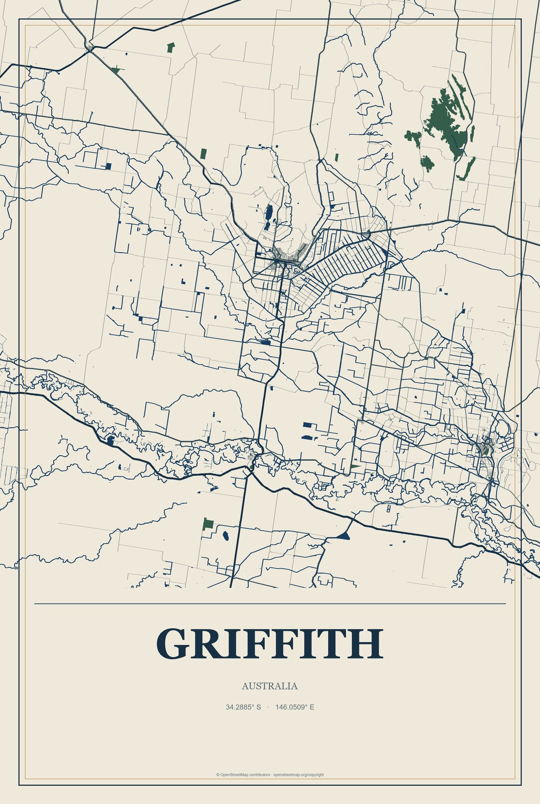 Griffith, Australia City Map Aluminum Sign in Coastal Cutout style