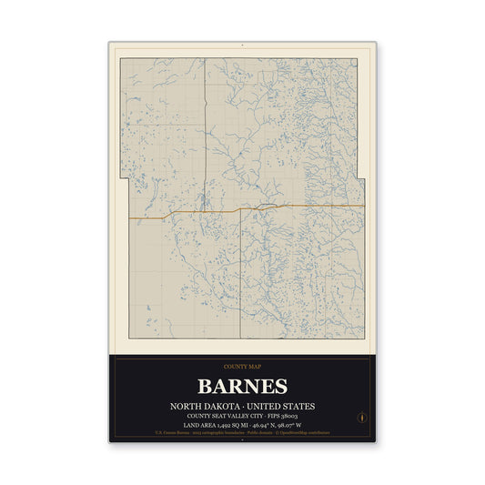 Barnes County, North Dakota Map Aluminum Sign in Museum Plaque style