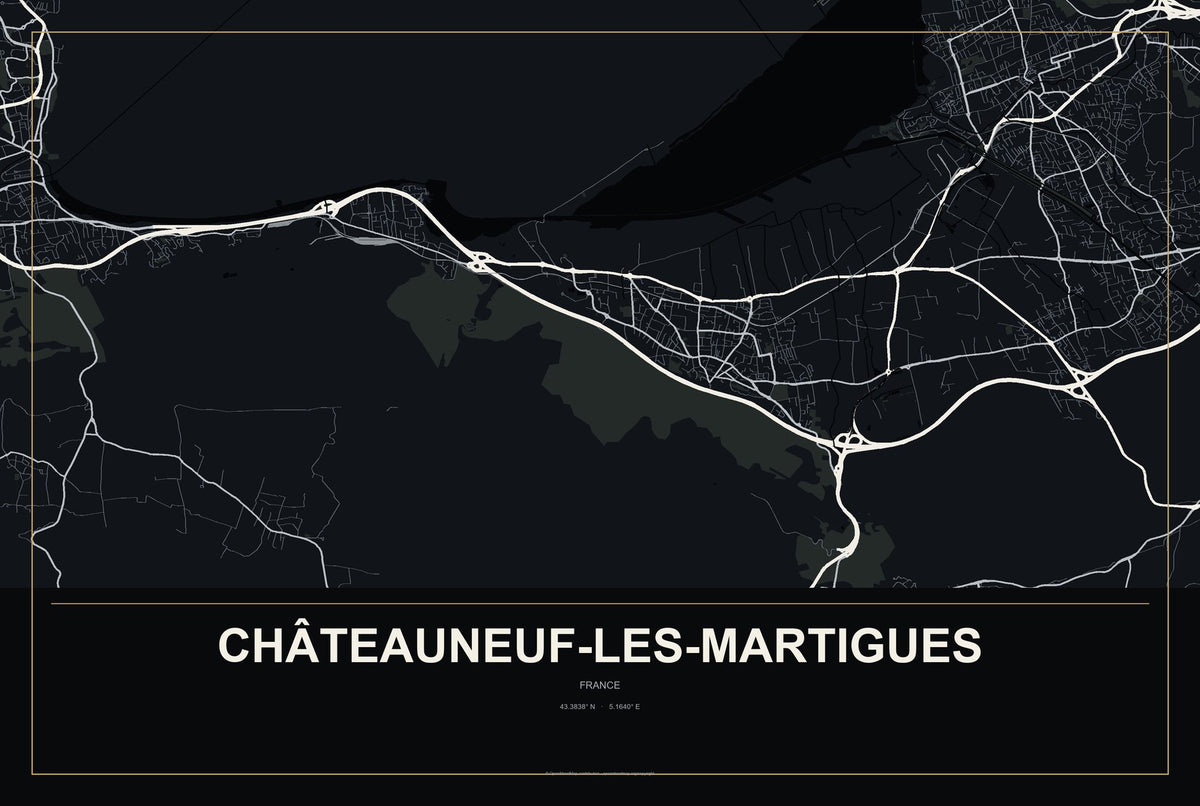Châteauneuf-les-Martigues, France City Map Aluminum Sign in Metropolitan Noir style