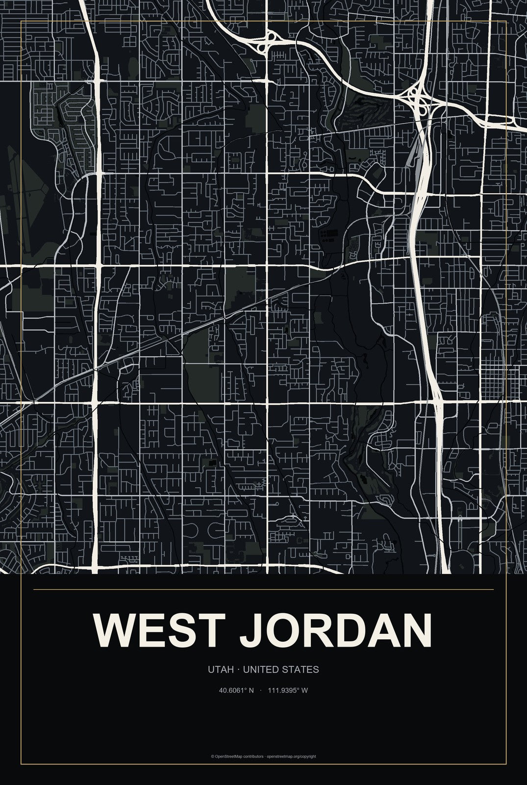 West Jordan, Utah City Map Aluminum Sign in Metropolitan Noir style