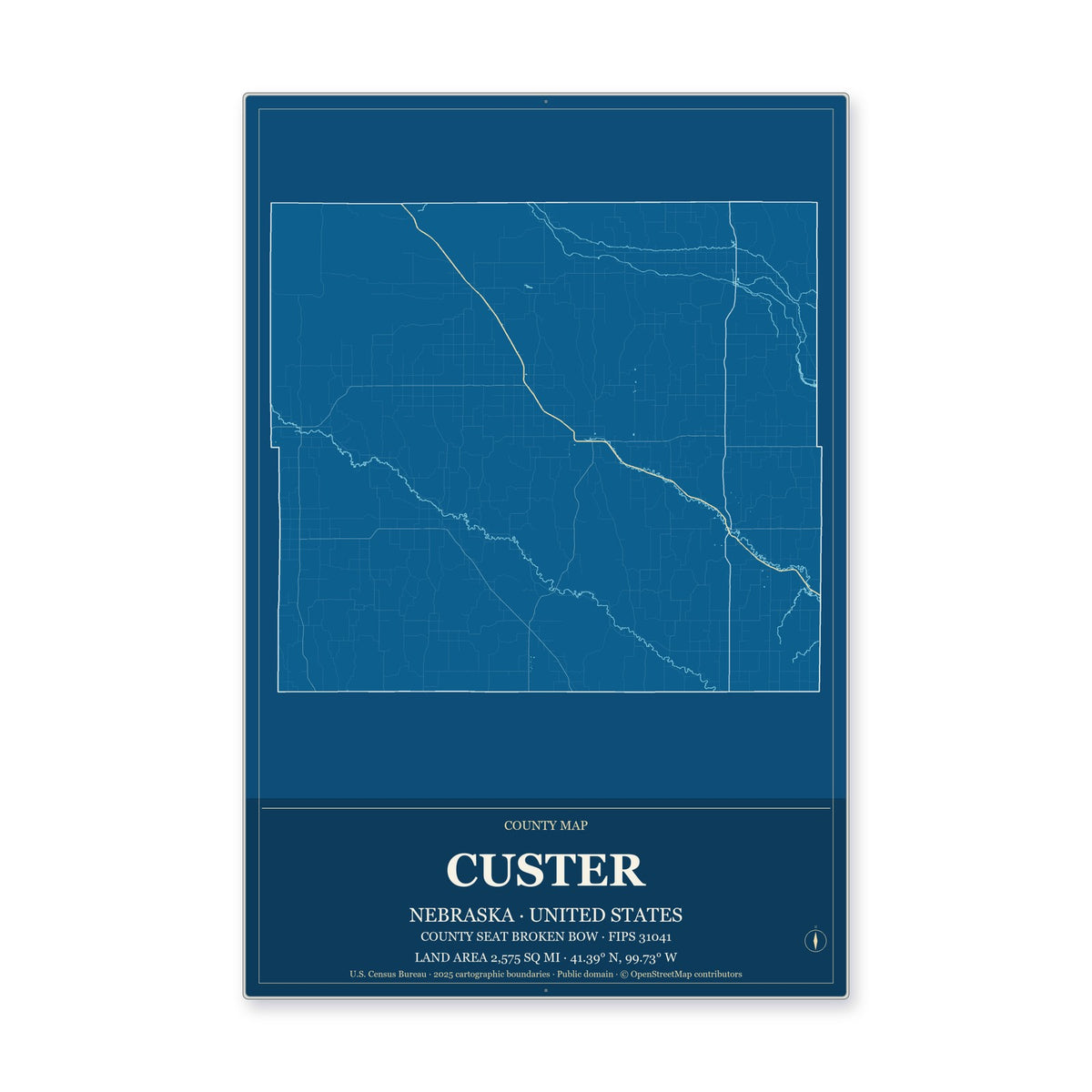 Custer County, Nebraska Map Aluminum Sign in Harbor Cobalt style