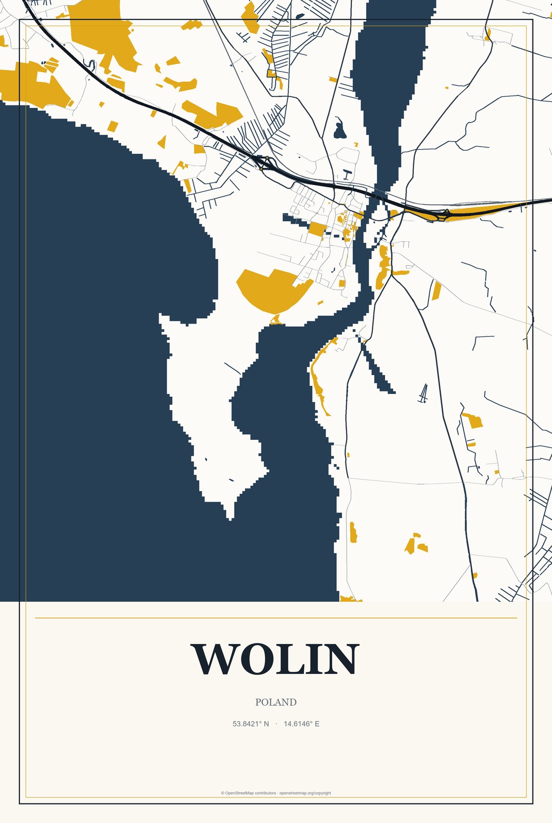 Wolin, Poland City Map Aluminum Sign in Citrine Modern style