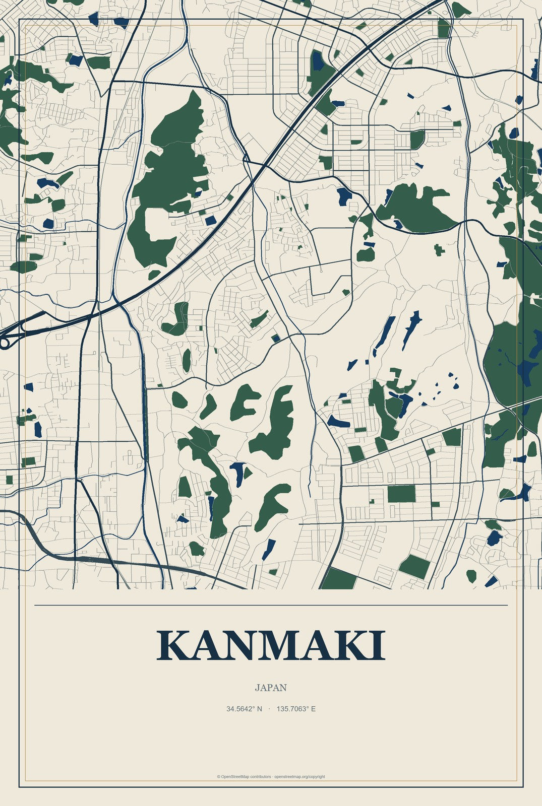 Kanmaki, Japan City Map Aluminum Sign in Coastal Cutout style
