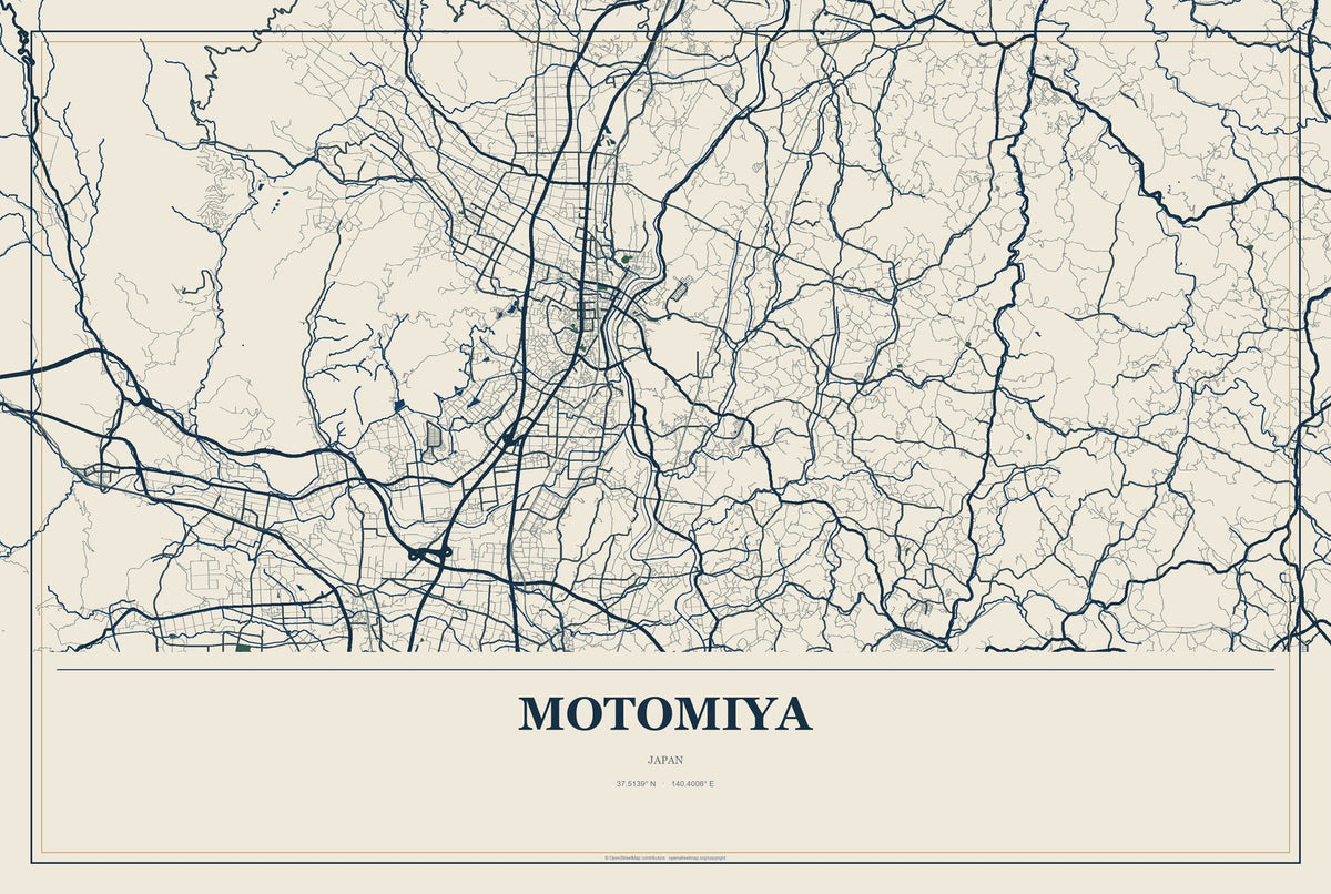 Motomiya, Japan City Map Aluminum Sign in Coastal Cutout style