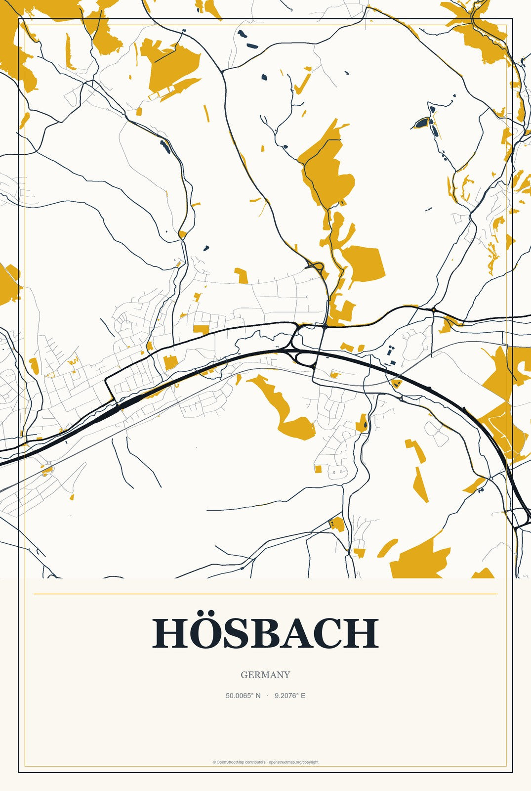 Hösbach, Germany City Map Aluminum Sign in Citrine Modern style