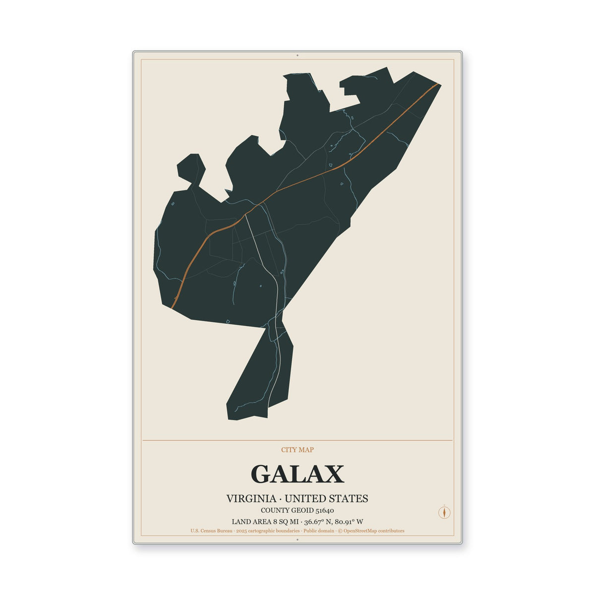 Galax city, Virginia Map Aluminum Sign in Headline Atlas style