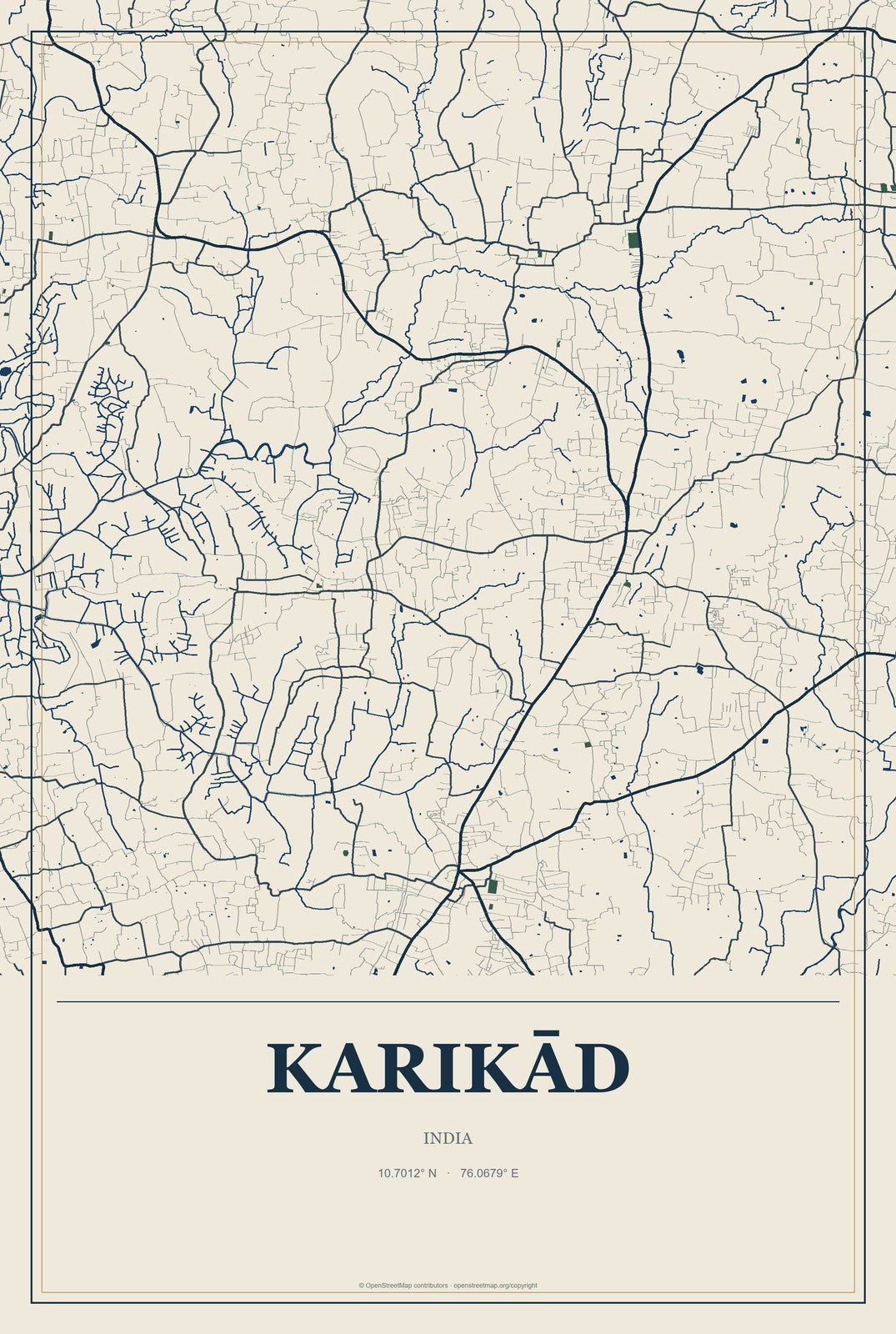 Karikād, India City Map Aluminum Sign in Coastal Cutout style