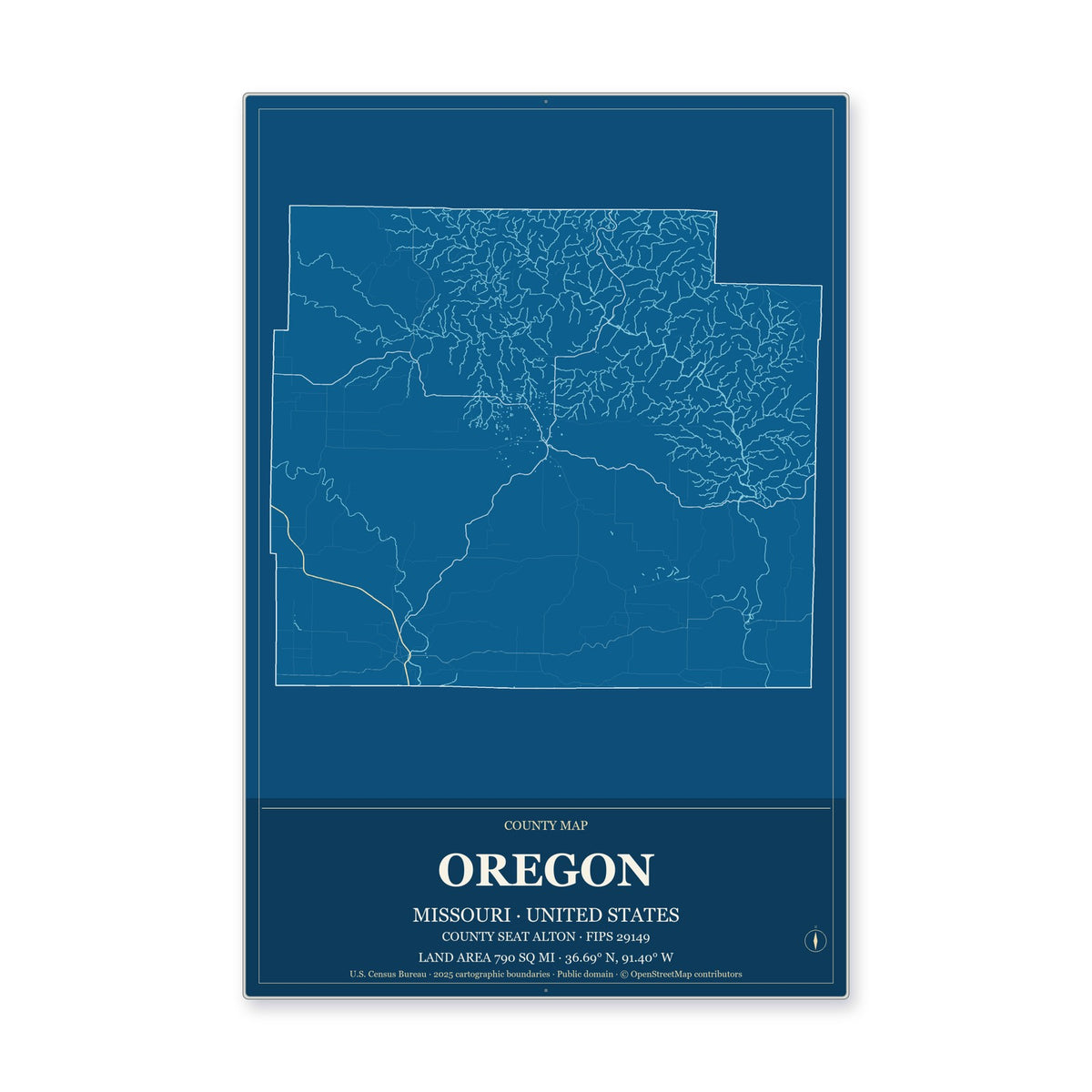 Oregon County, Missouri Map Aluminum Sign in Harbor Cobalt style