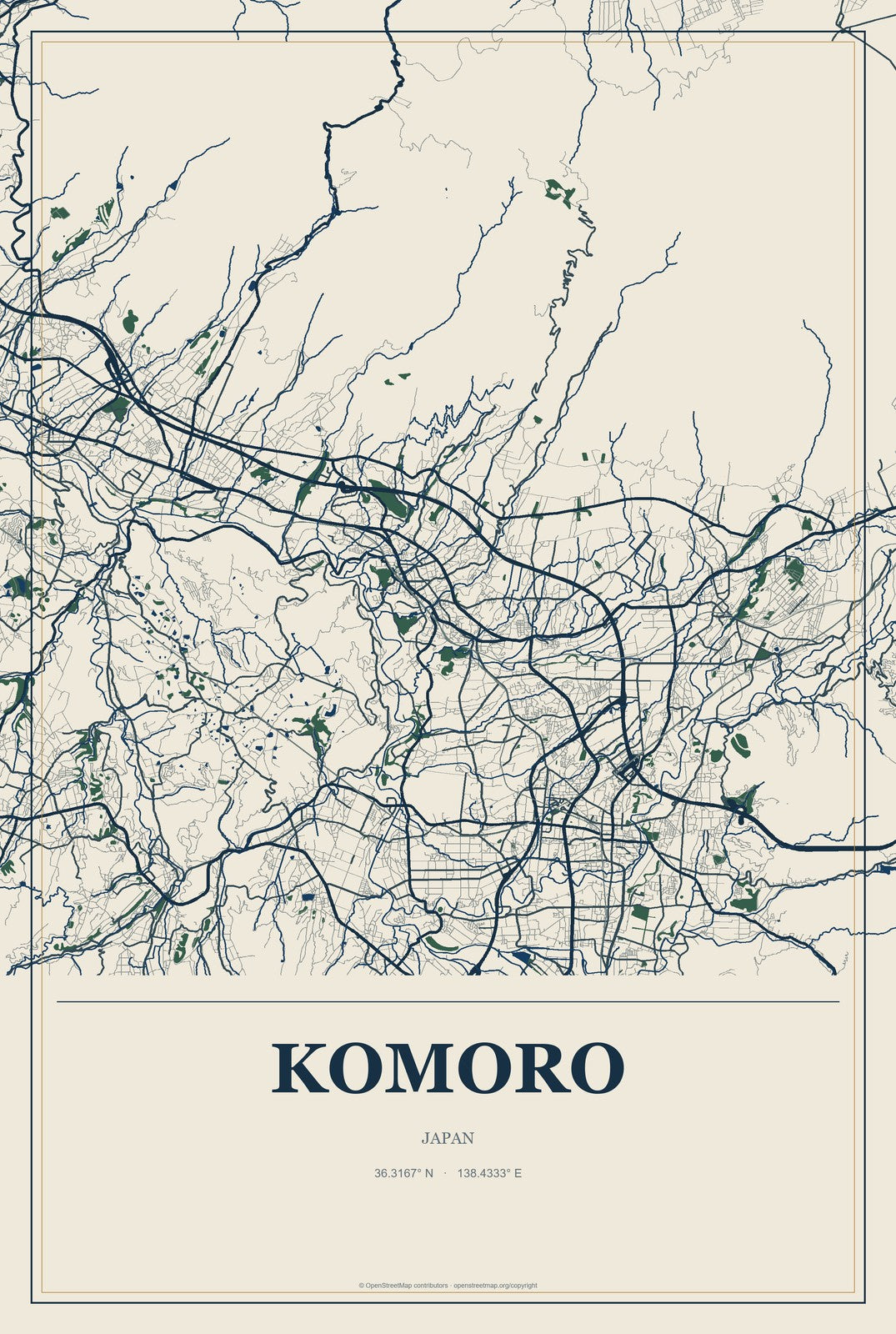 Komoro, Japan City Map Aluminum Sign in Coastal Cutout style