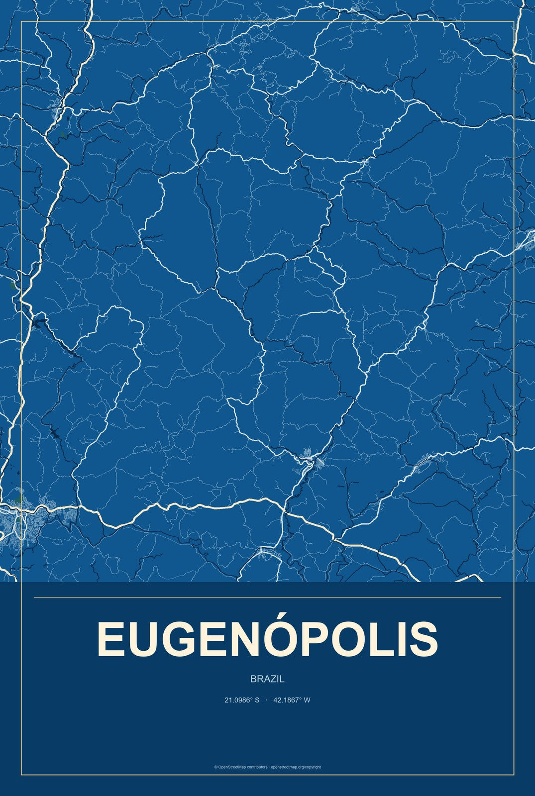 Eugenópolis, Brazil City Map Aluminum Sign in Harbor Cobalt style