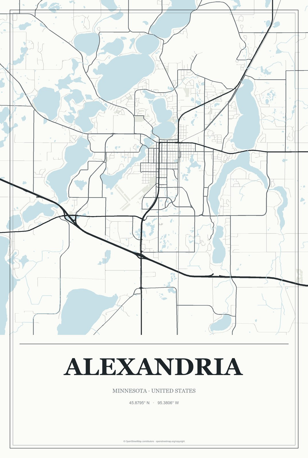 Alexandria, Minnesota City Map Aluminum Sign in Gallery Air style