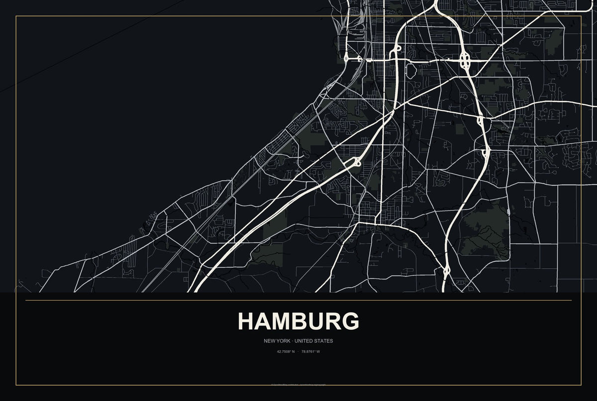 Hamburg, New York City Map Aluminum Sign in Metropolitan Noir style