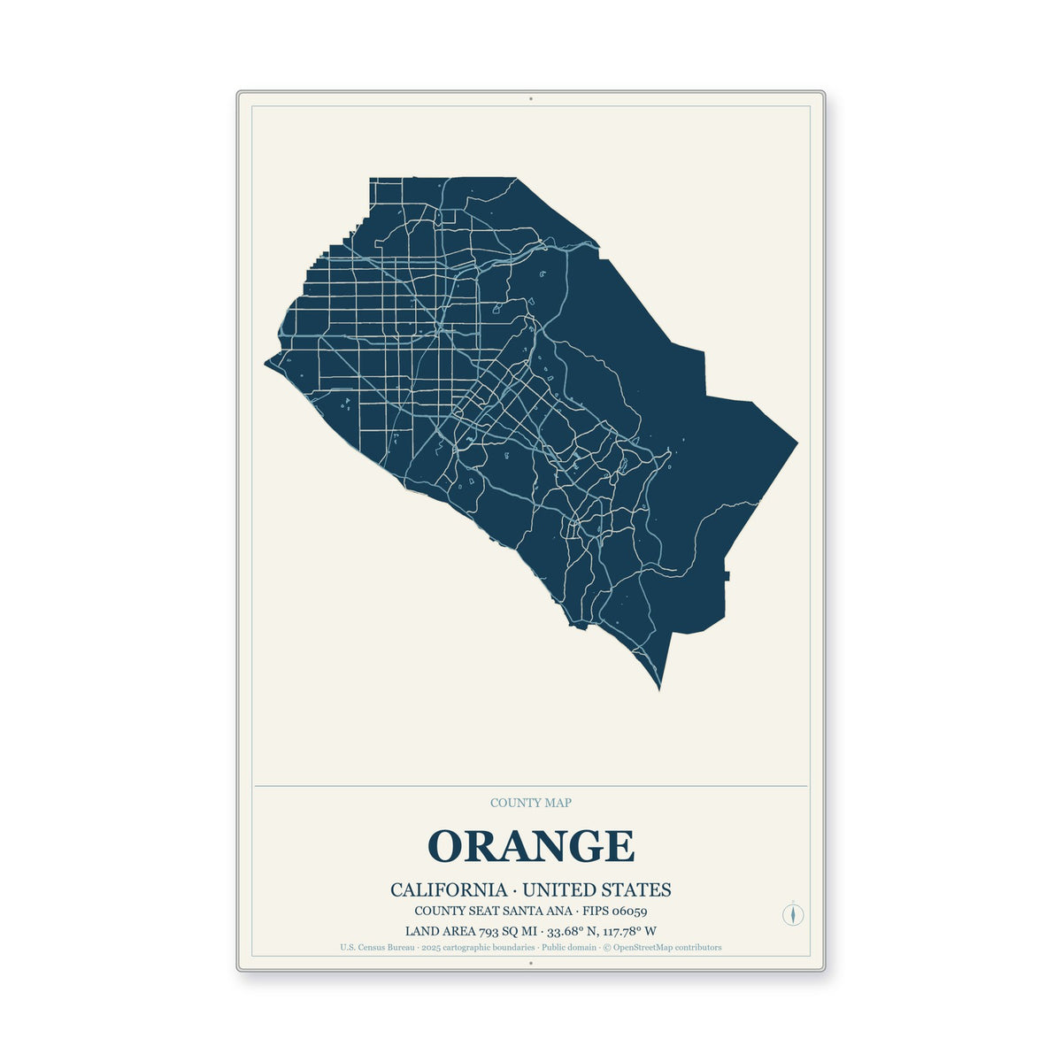 Orange County, California Map Aluminum Sign in Coastal Cutout style