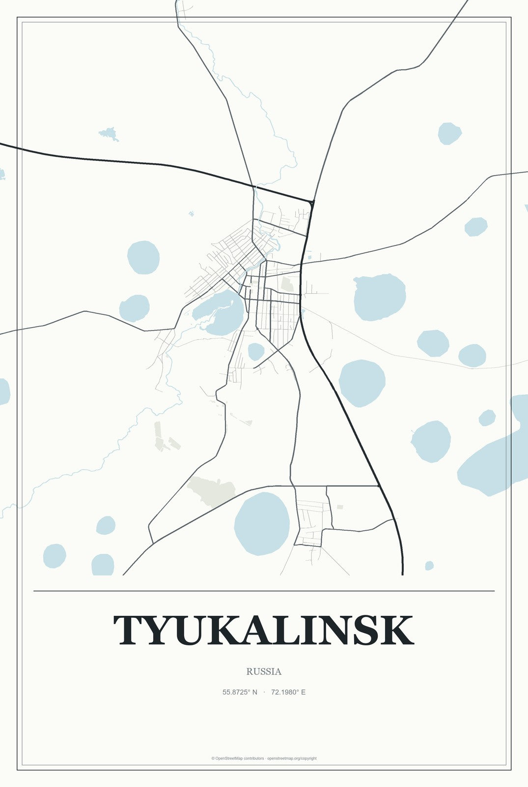 Tyukalinsk, Russia City Map Aluminum Sign in Gallery Air style