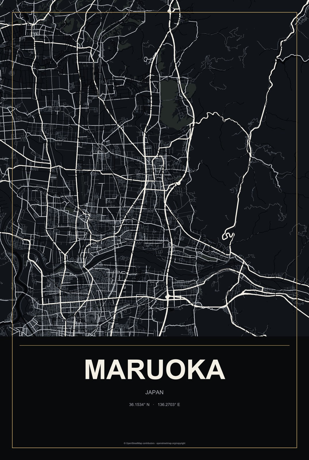Maruoka, Japan City Map Aluminum Sign in Metropolitan Noir style