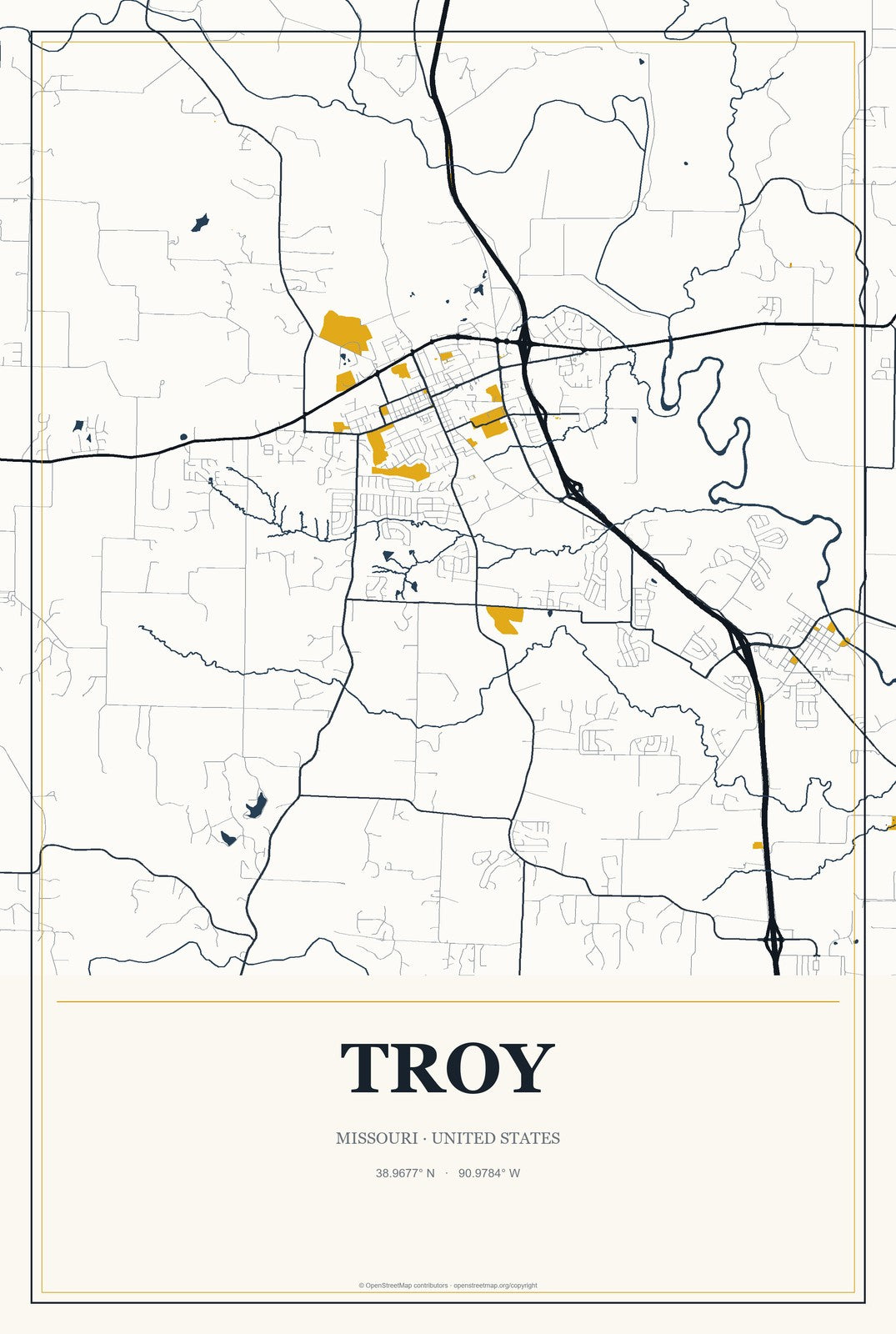 Troy, Missouri City Map Aluminum Sign in Citrine Modern style