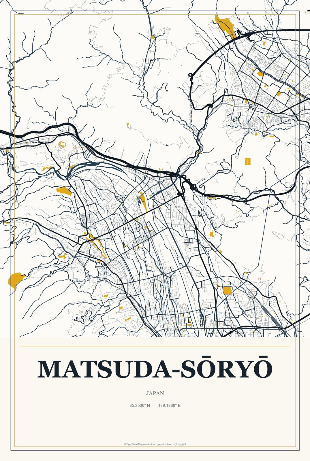 Matsuda-sōryō, Japan City Map Aluminum Sign in Citrine Modern style