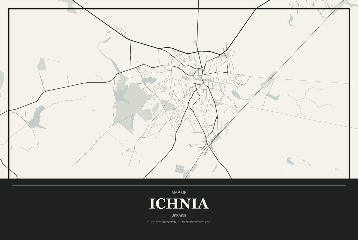 Ichnia, Ukraine City Map Aluminum Sign in Museum Plaque style