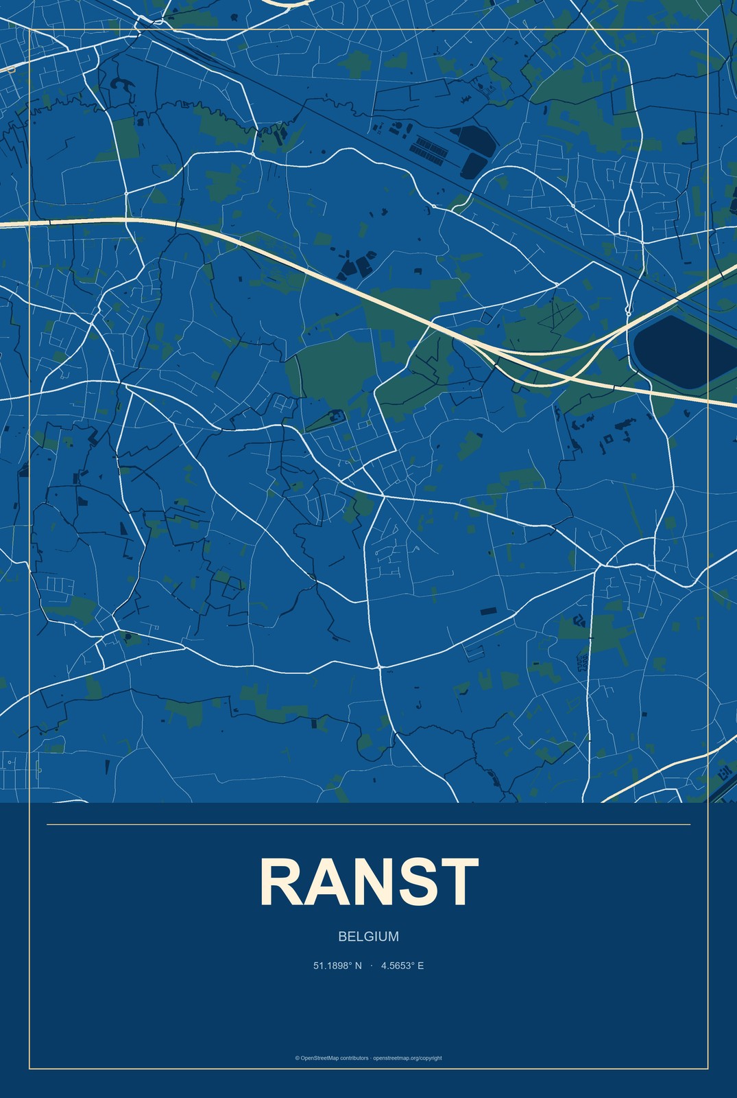 Ranst, Belgium City Map Aluminum Sign in Harbor Cobalt style