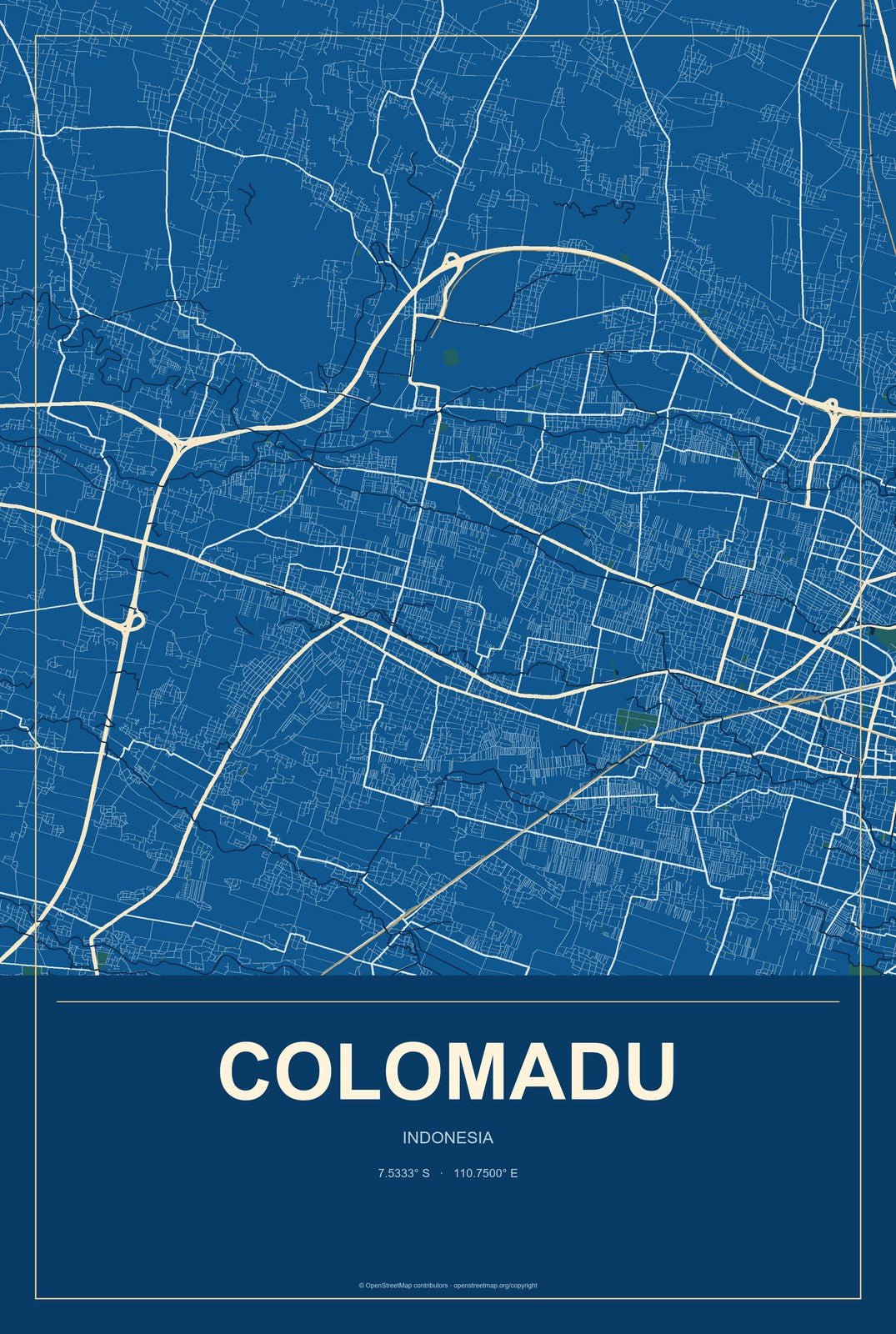 Colomadu, Indonesia City Map Aluminum Sign in Harbor Cobalt style