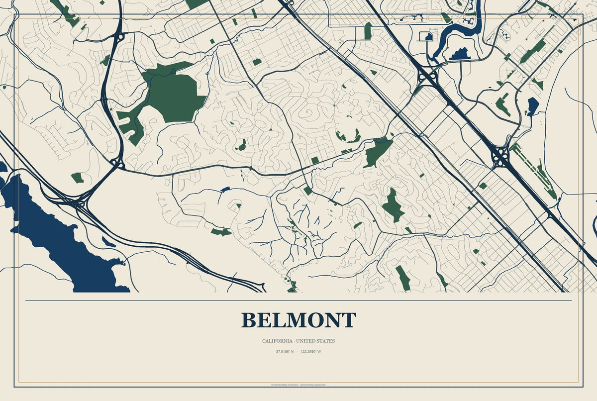 Belmont, California City Map Aluminum Sign in Coastal Cutout style