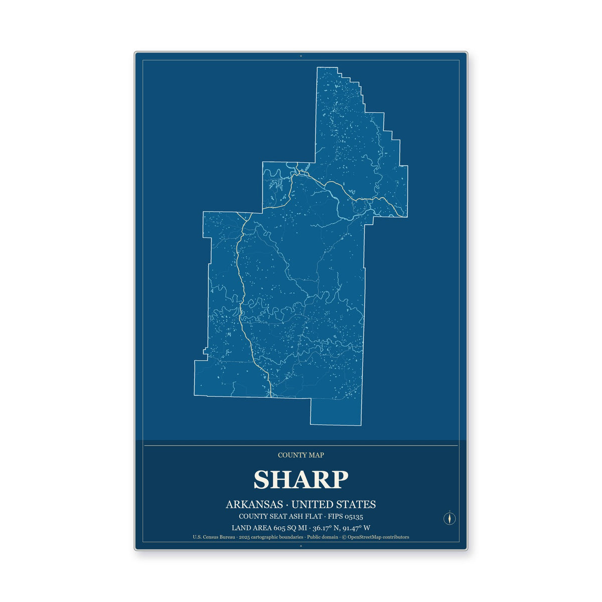 Sharp County, Arkansas Map Aluminum Sign in Harbor Cobalt style