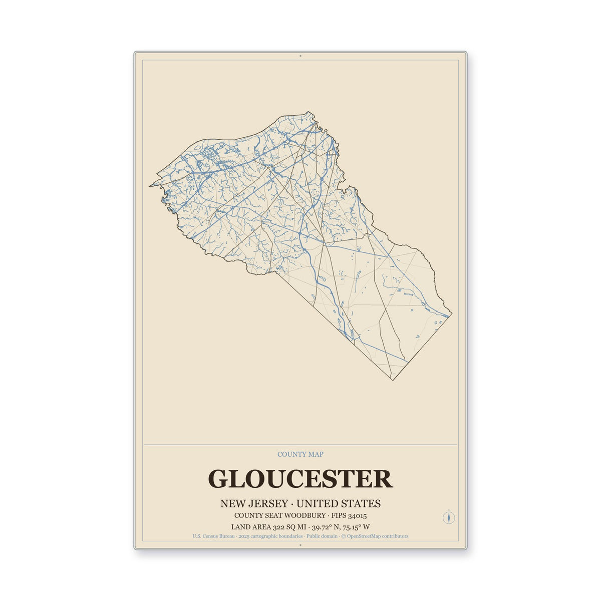 Gloucester County, New Jersey Map Aluminum Sign in Heritage Nautical style