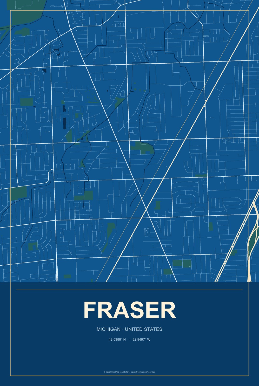 Fraser, Michigan City Map Aluminum Sign in Harbor Cobalt style