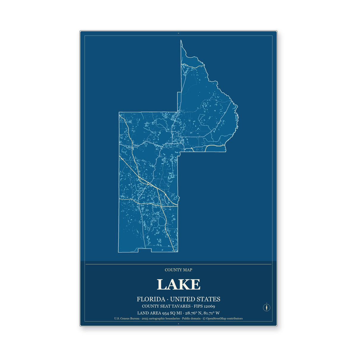 Lake County, Florida Map Aluminum Sign in Harbor Cobalt style