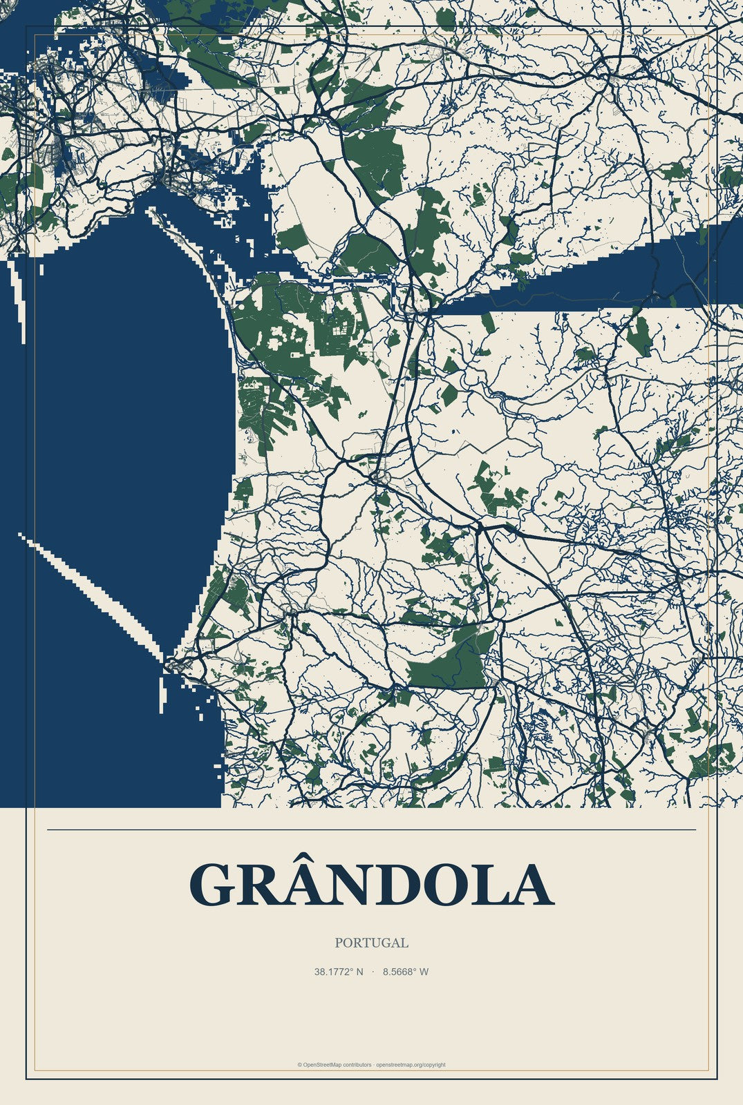 Grândola, Portugal City Map Aluminum Sign in Coastal Cutout style