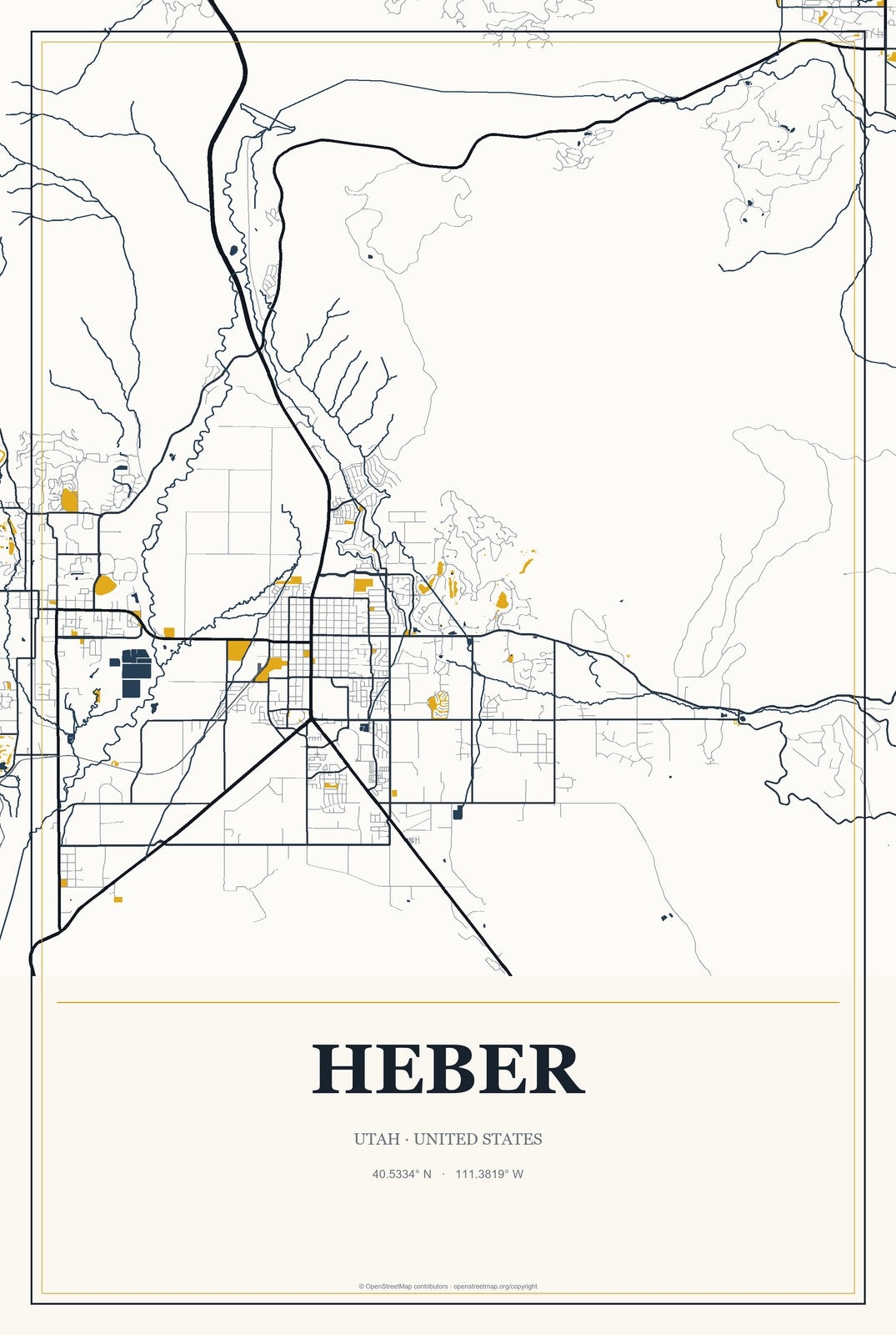 Heber, Utah City Map Aluminum Sign in Citrine Modern style
