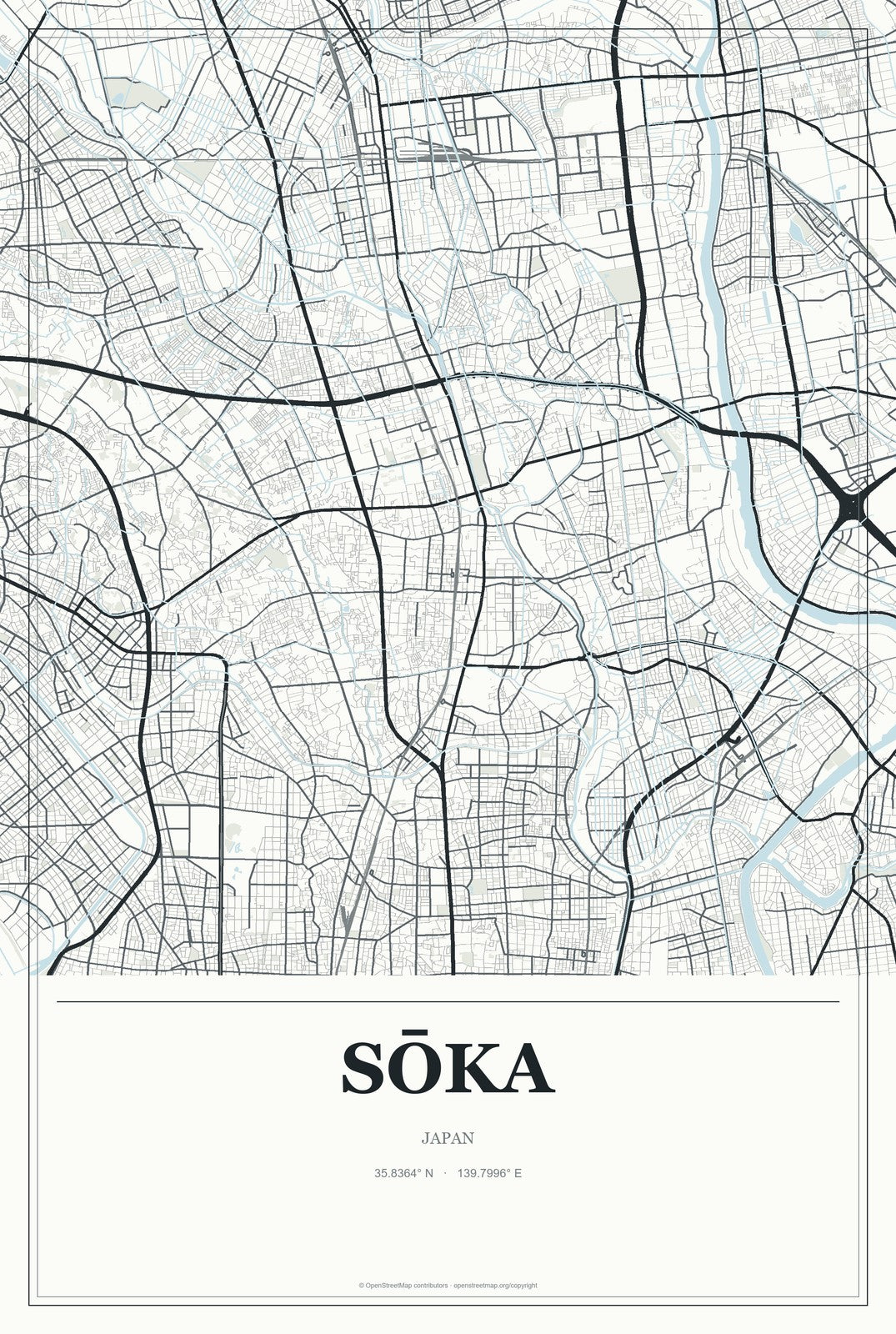 Sōka, Japan City Map Aluminum Sign in Gallery Air style