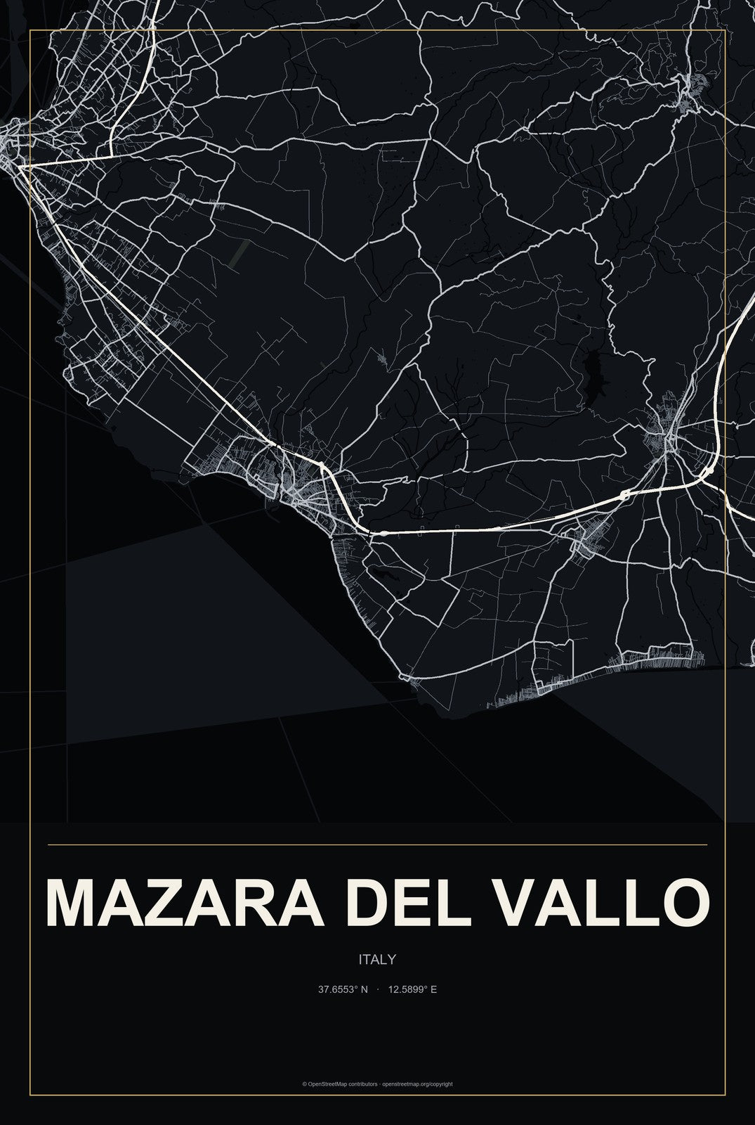 Mazara del Vallo, Italy City Map Aluminum Sign in Metropolitan Noir style