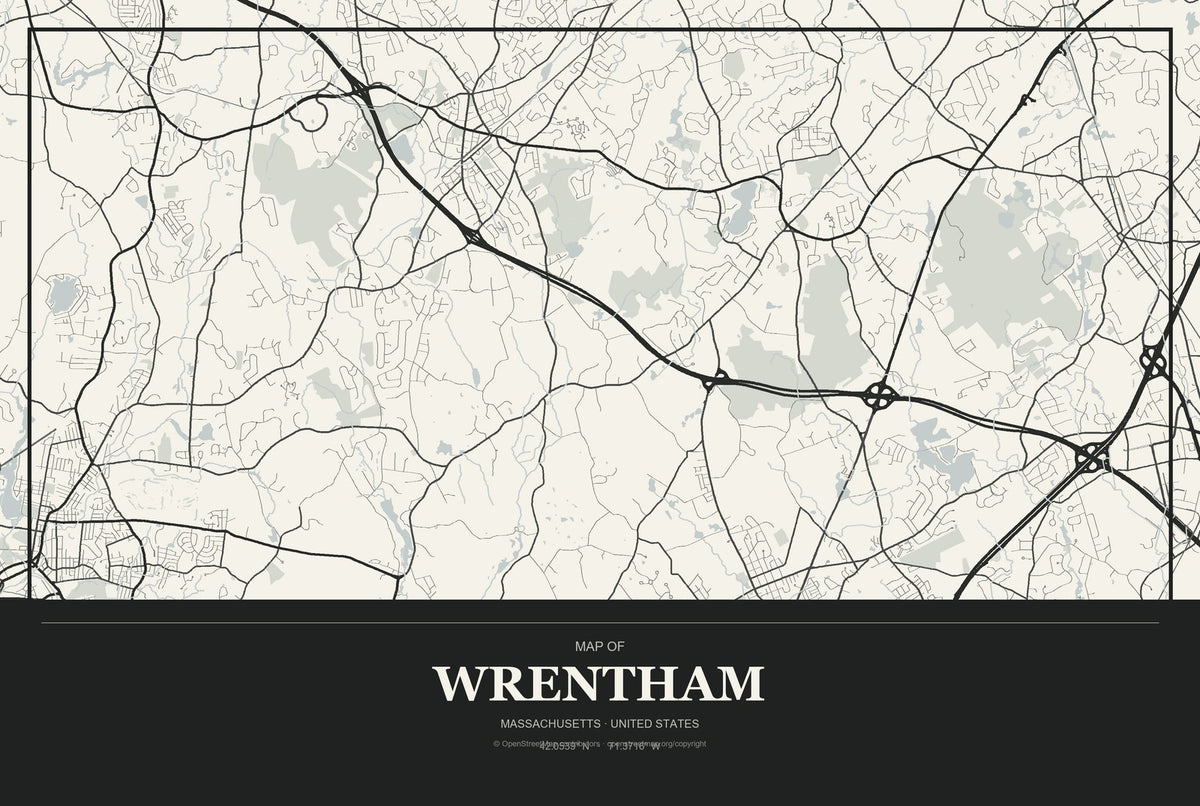 Wrentham, Massachusetts City Map Aluminum Sign in Museum Plaque style