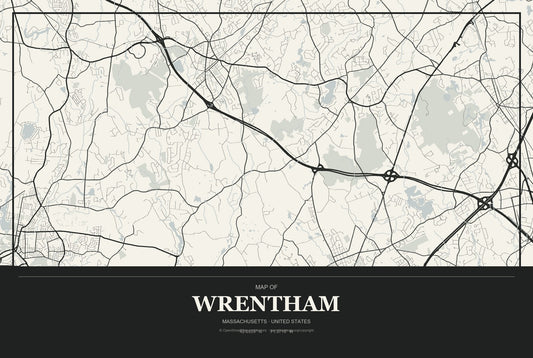 Wrentham, Massachusetts City Map Aluminum Sign in Museum Plaque style