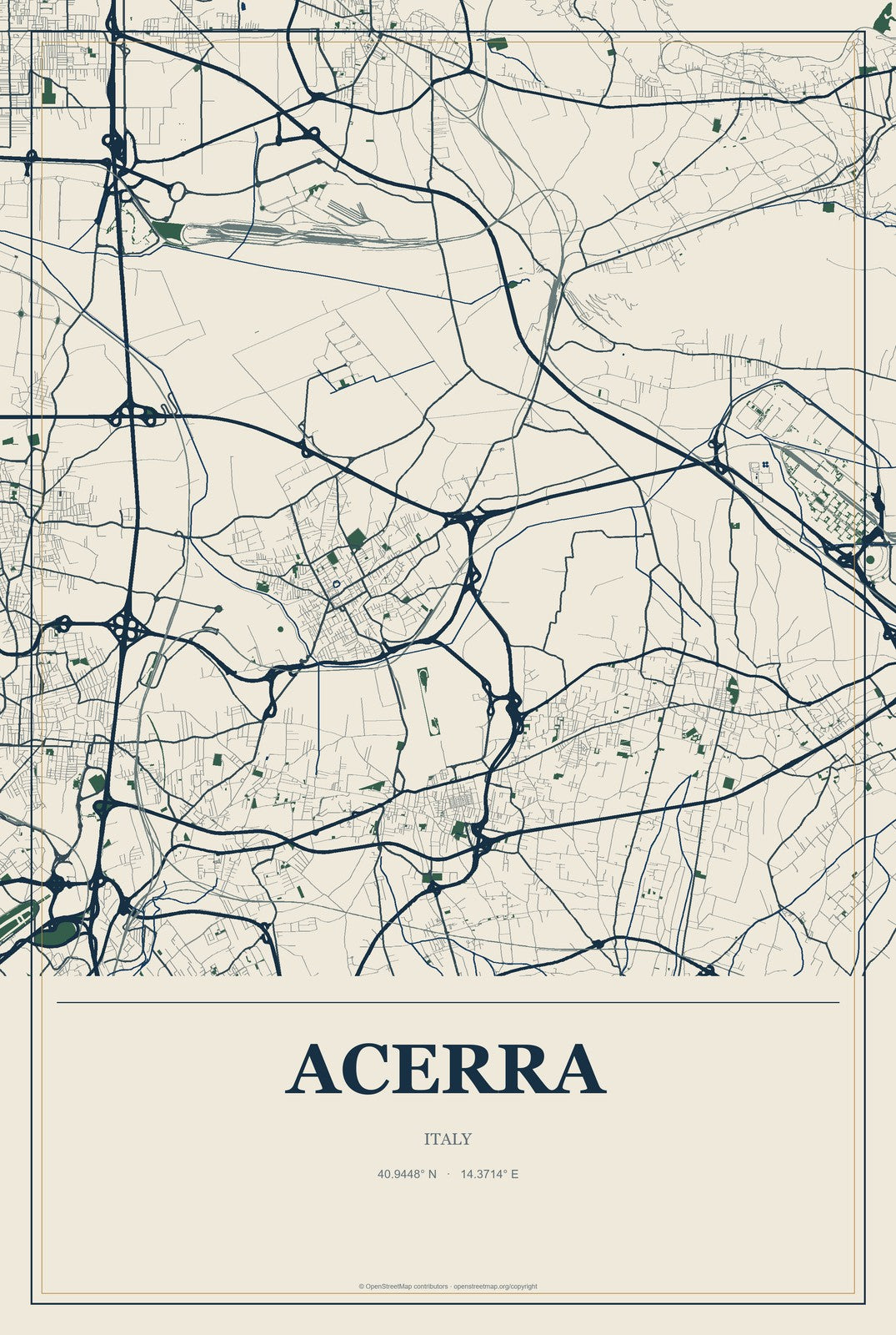 Acerra, Italy City Map Aluminum Sign in Coastal Cutout style